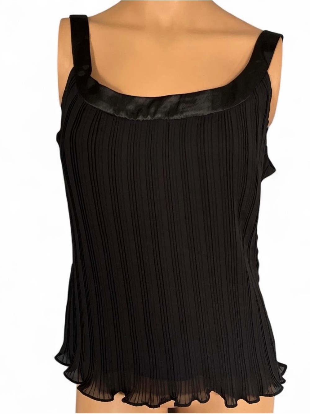 Vintage Scarlett Nite Black Pleated Blouse Satin Trim Tank Top Sz 14